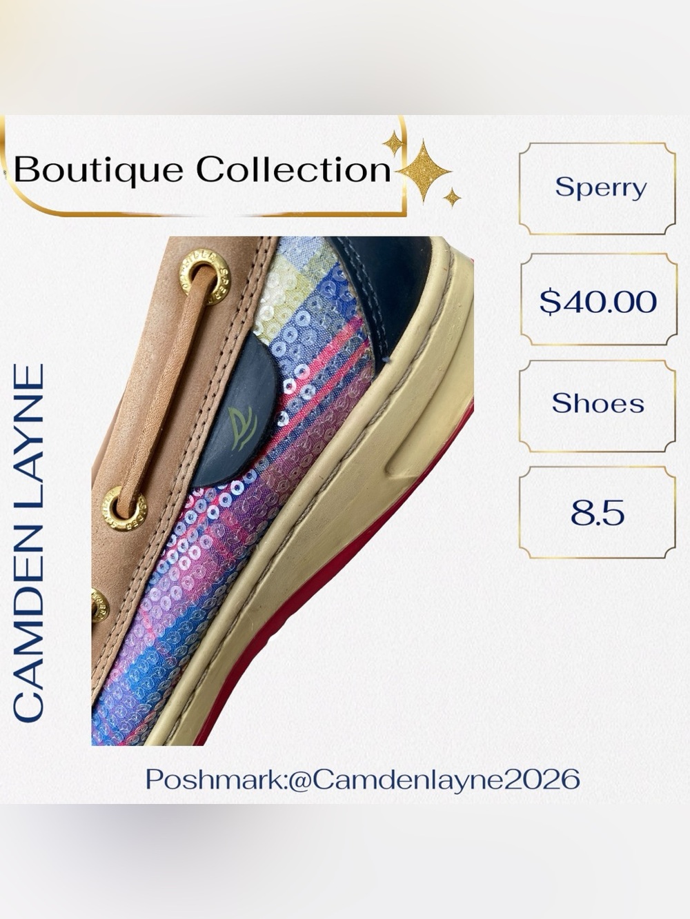 Sperry Women’s Tan, Navy & Multicolor Sequin Boat Shoe - Picture 5 of 5